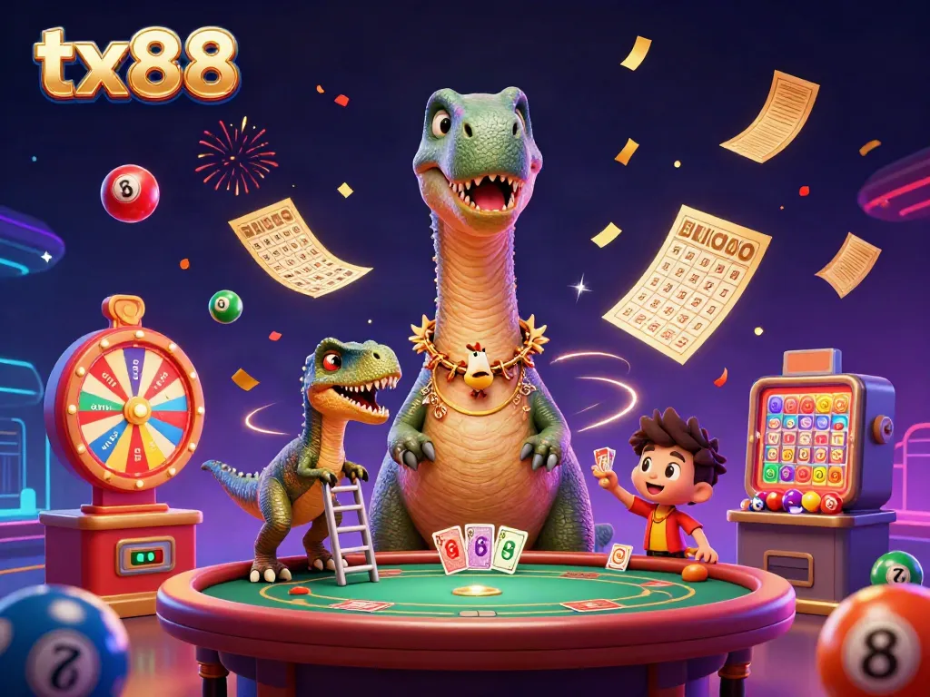 Engage with tx88's colorful casino scene featuring a brontosaurus and raptor in action, showcasing dynamic gaming elements.