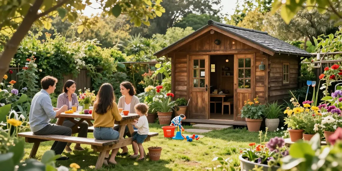 Schönes Gartenhaus umgeben von Blumen und spielenden Kindern im Garten.