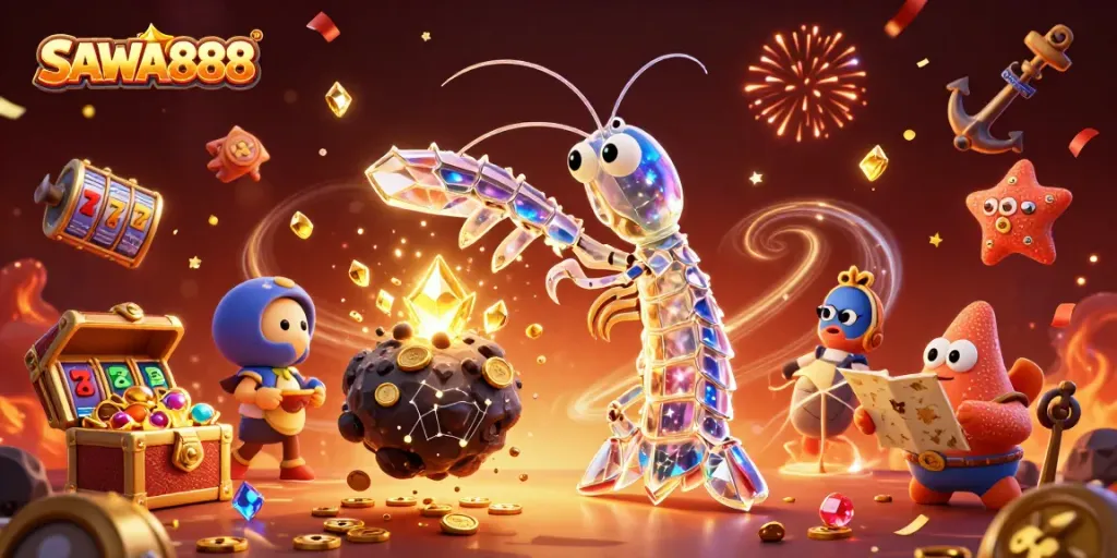 SAWA888 galactic samurai mantis shrimp punches through an asteroid, revealing gems and coins amidst a vibrant casino scene.