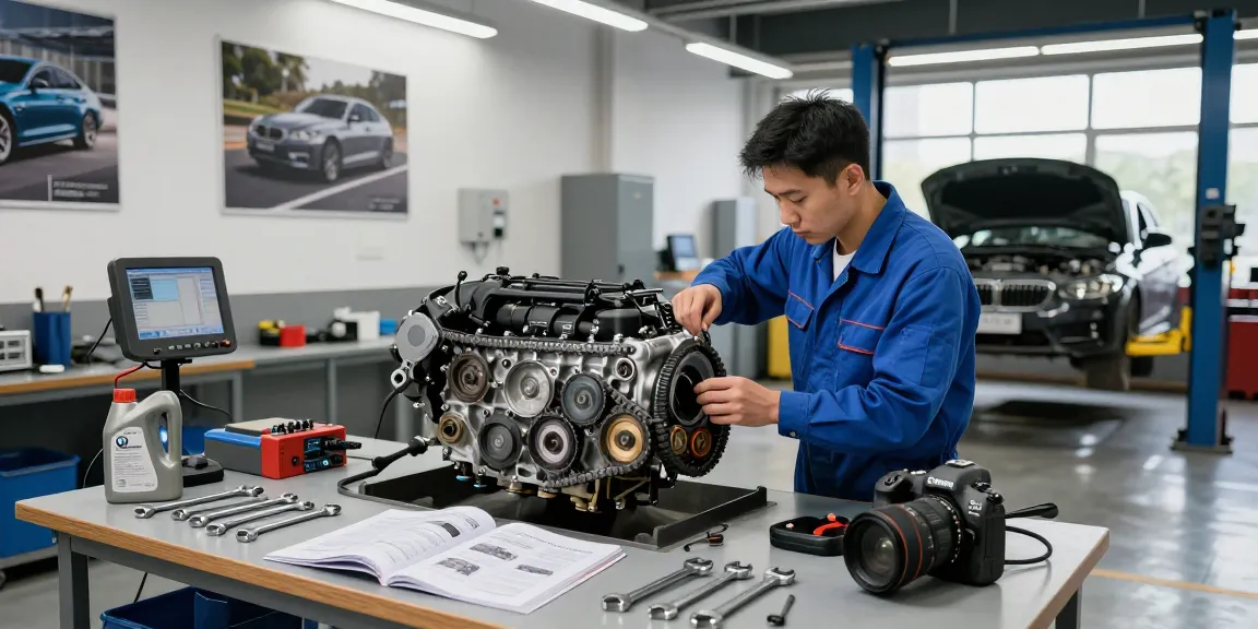 BMW Steuerkette Wechseln Hannover in einer Werkstatt mit einem Mechaniker, der einen Motor inspiziert.