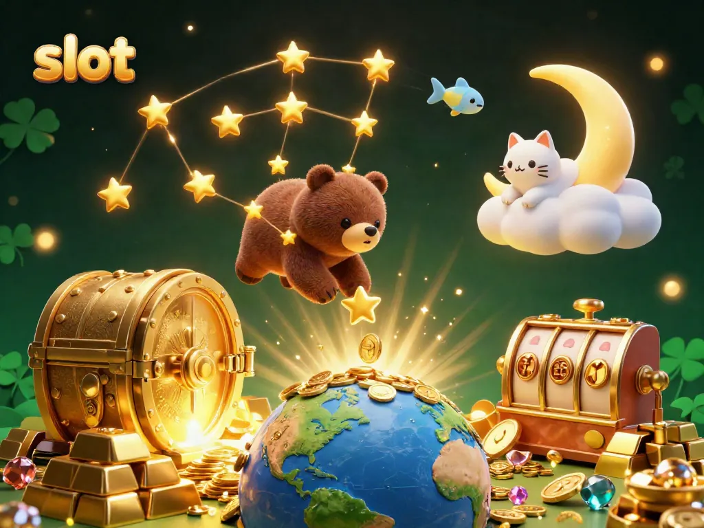 Engage with top slot games featuring a celestial bear gathering coins amid treasure, jewels, and glowing elements.