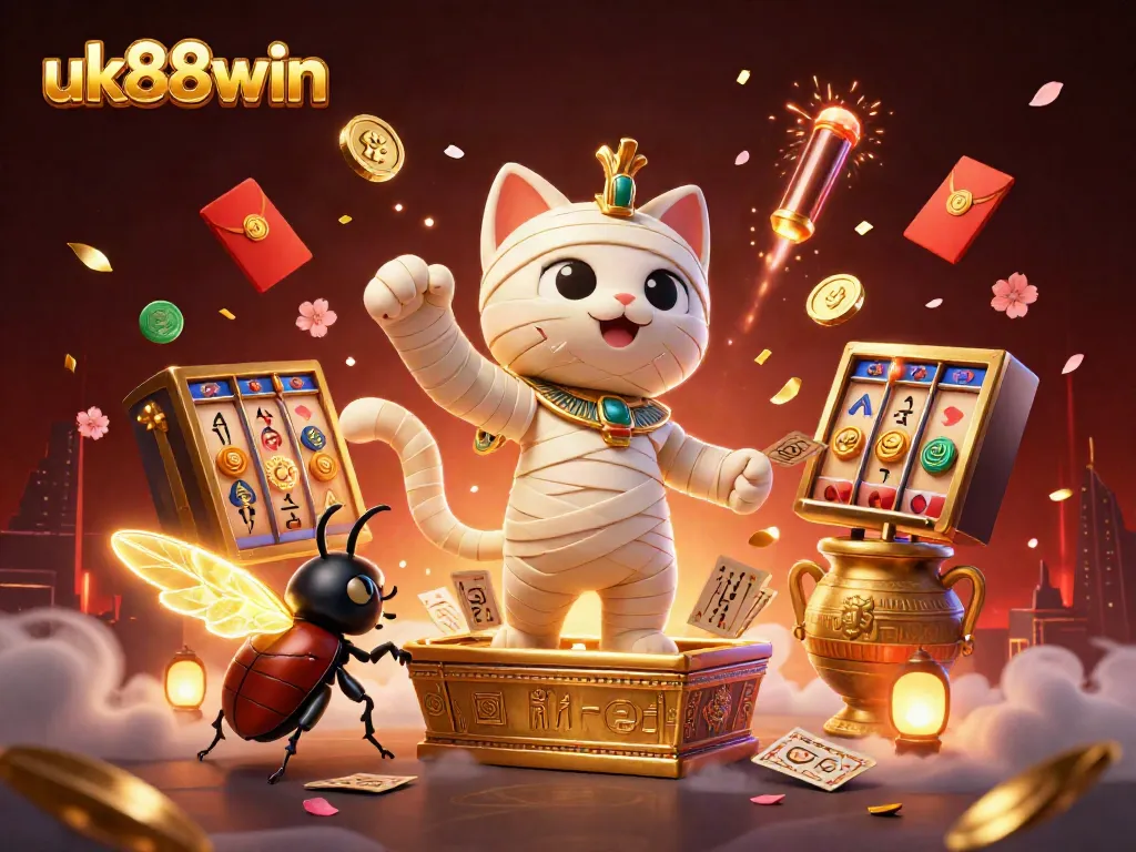 Experience gaming excitement with uk88win in a vibrant 3D casino scene featuring a mummy cat and jackpot elements.