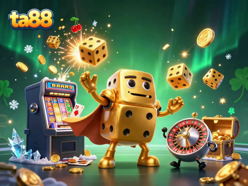 Experience the thrill of ta88 with a vibrant and dynamic casino scene featuring golden dice and jackpot elements.