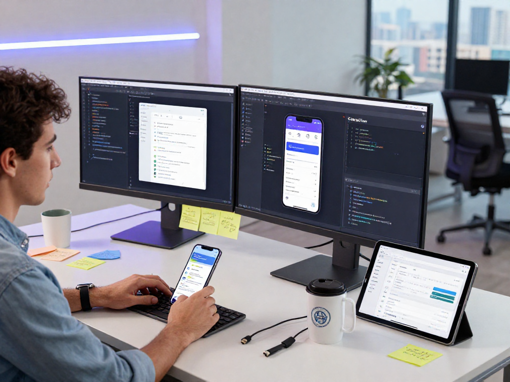 Innovative mobile app workspace showcasing http://debet-app.com development tools, code screens, and urban view.