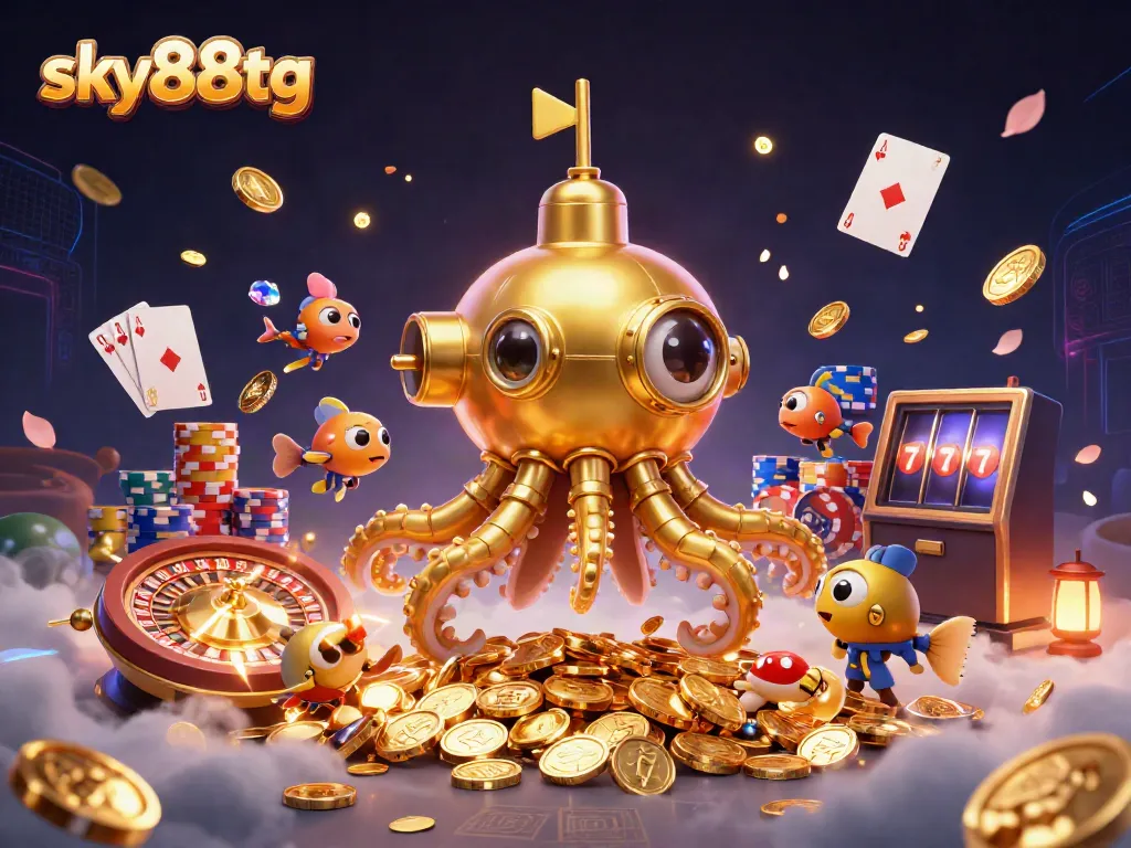 Engage with sky88tg's thrilling casino experience featuring a golden kraken submarine amidst dazzling coins and games.