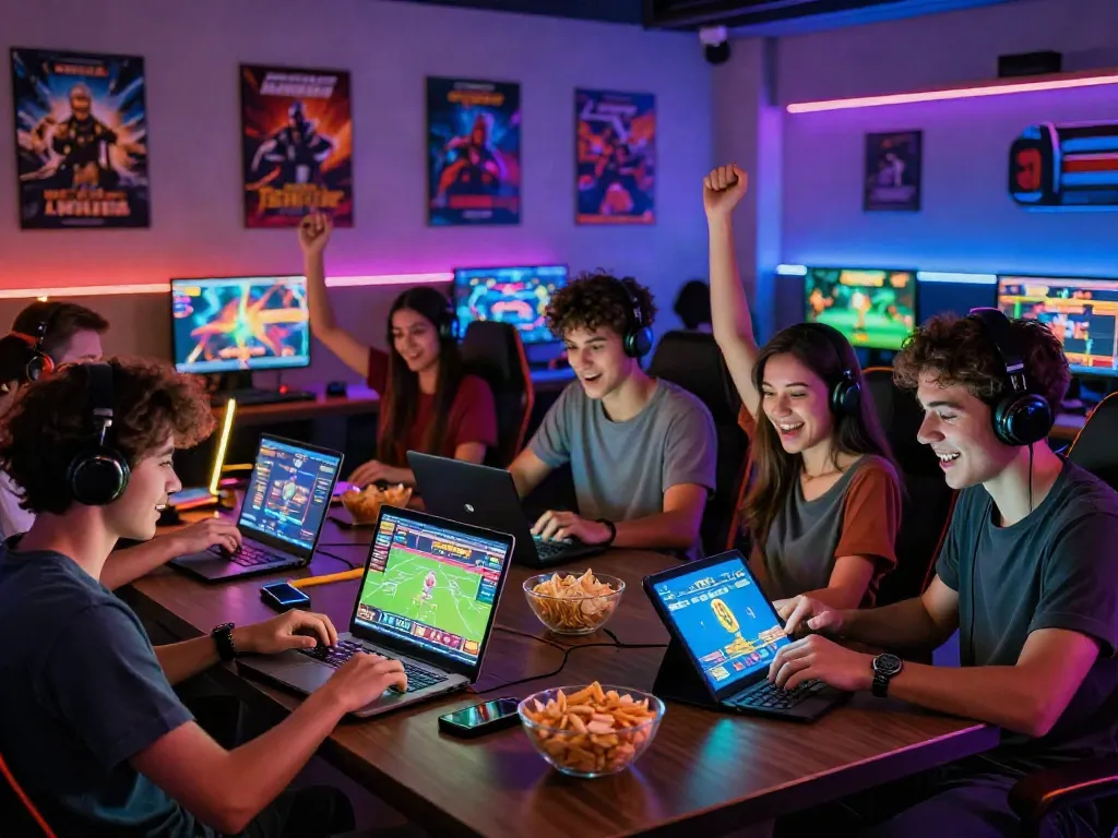 Friends enjoying gaming at https://nbet.group/ in a vibrant high-tech room filled with excitement.
