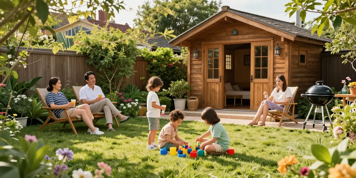 Gartenhäuser im schönen Garten mit Familie, Spielzeug und entspannenden Möbeln.