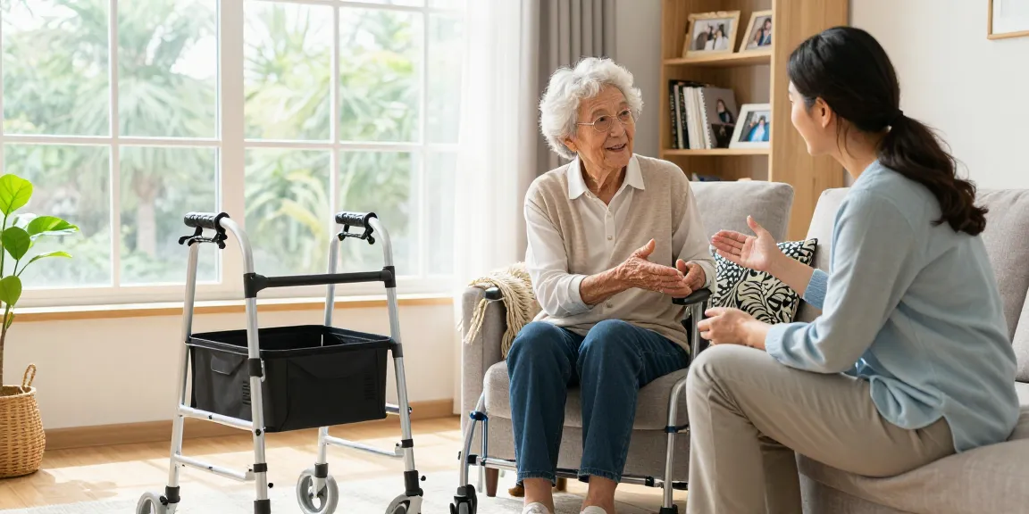 Buy nobility aids in a cozy home setting, featuring an elderly person engaging with a caregiver using a stylish mobility aid.