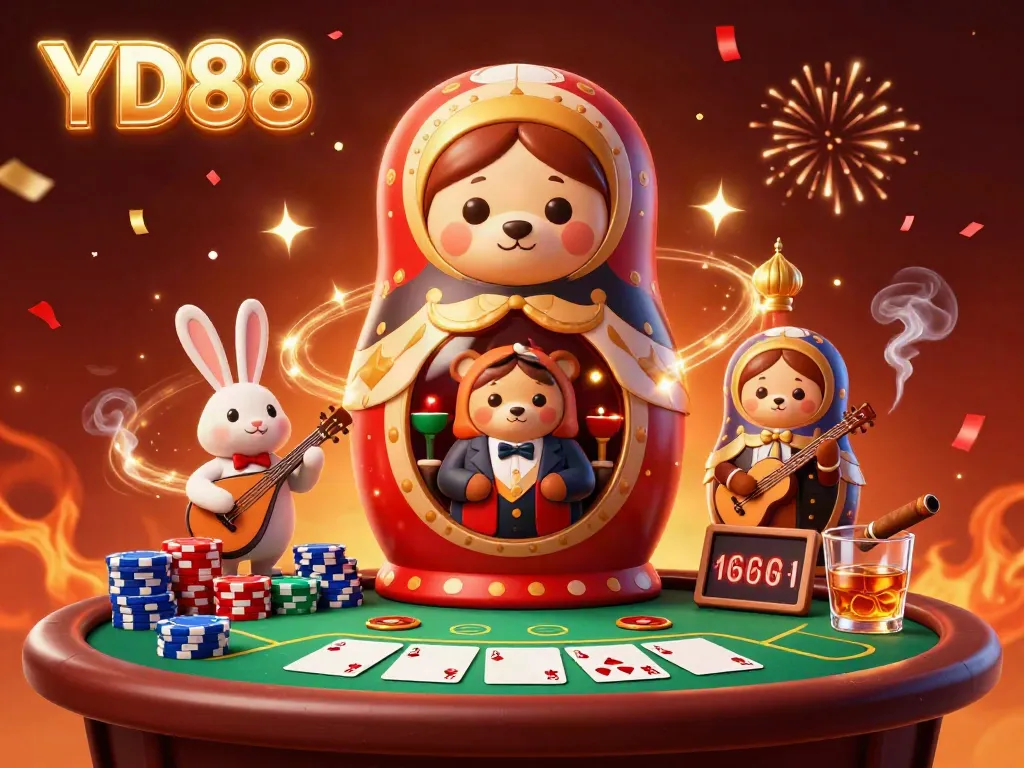 Engage with YD88 gaming excitement amid festive casino chaos featuring colorful poker chips and dealer action.