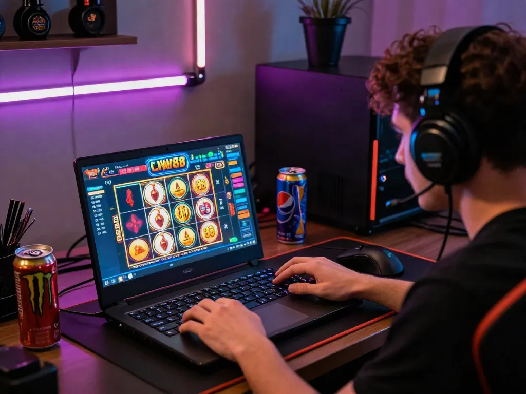 Player enjoying slot88 game on laptop in vibrant gaming room, surrounded by colorful graphics and accessories.