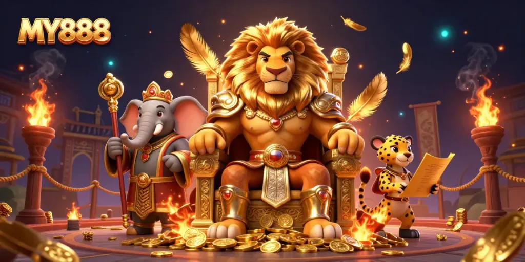Engage in thrilling MY888 casino games surrounded by majestic characters and vibrant atmosphere.