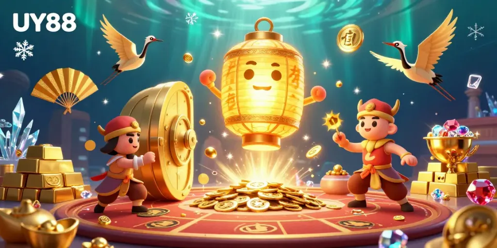Experience thrilling gameplay at UY88 with golden lanterns, treasure, and vibrant casino elements.