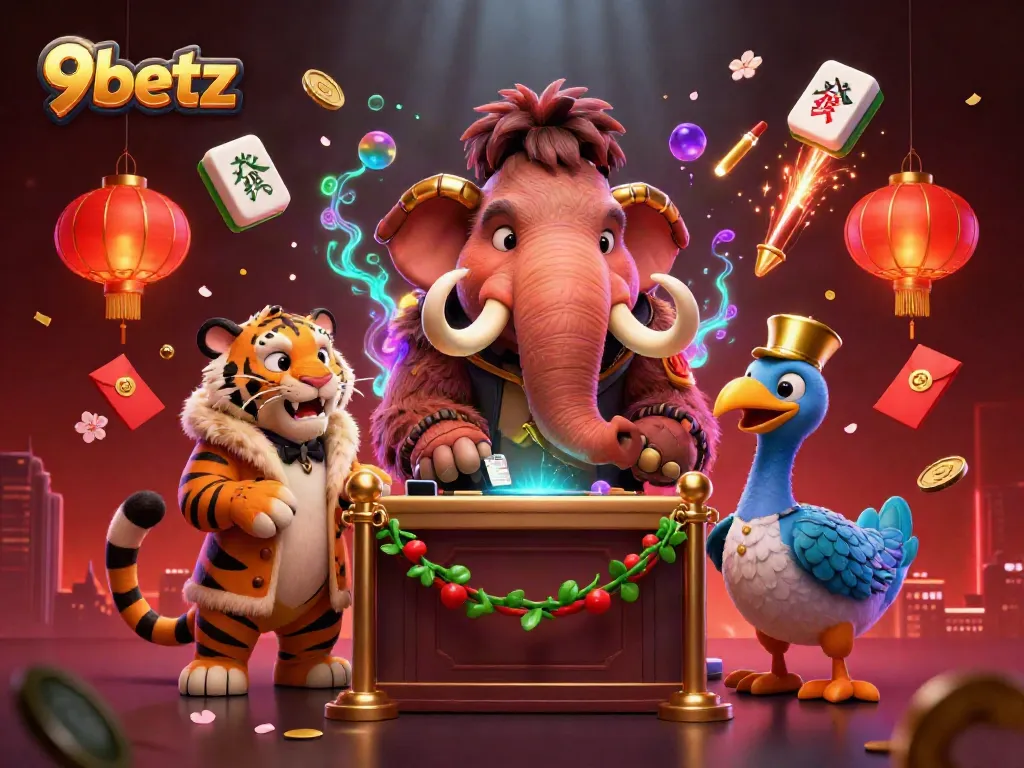 Engage with thrilling experiences at 9betz, showcasing a dynamic casino scene with unique characters.