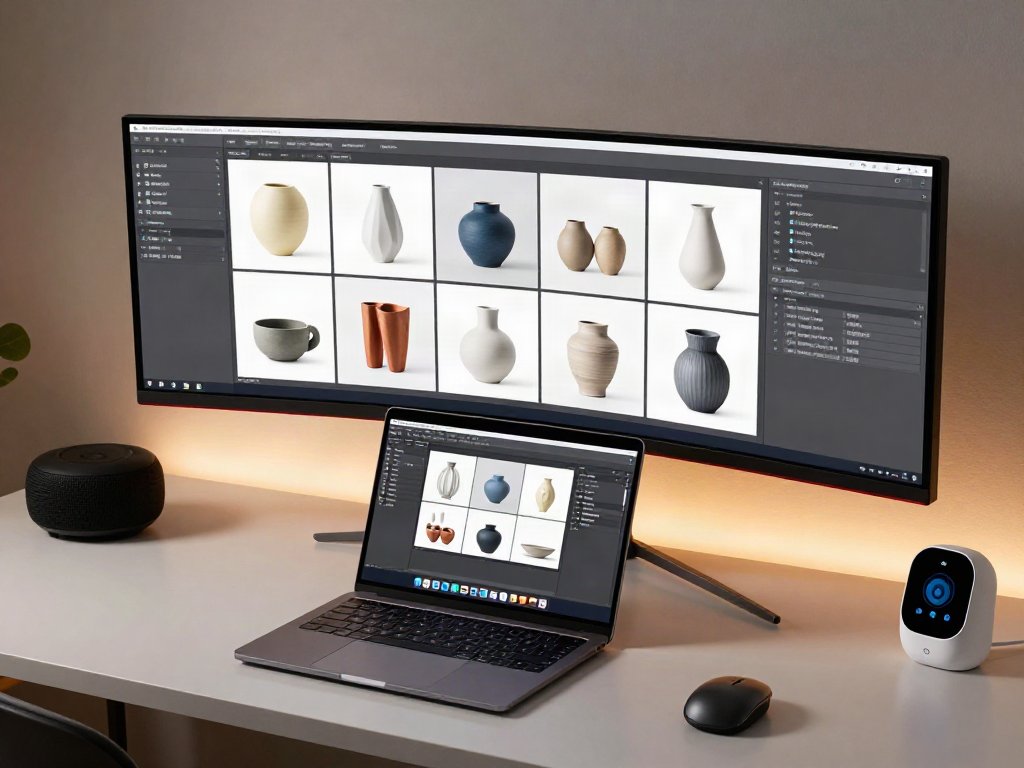 Wohnaccessoires und Vasen in einer modernen Entwicklerumgebung, unter Verwendung von Software-Entwicklungstools zur optimalen Präsentation.