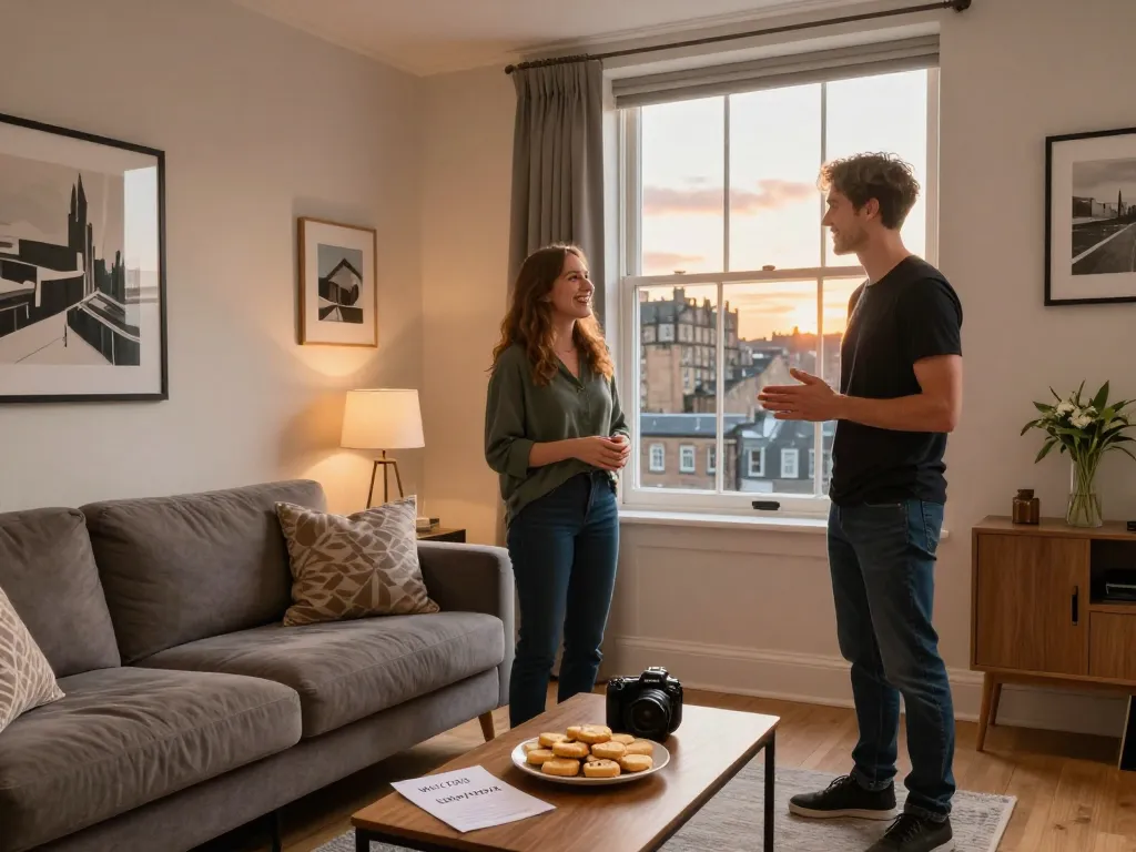 Warm and inviting living room showcasing airbnb management edinburgh with host welcoming guests and scenic views.