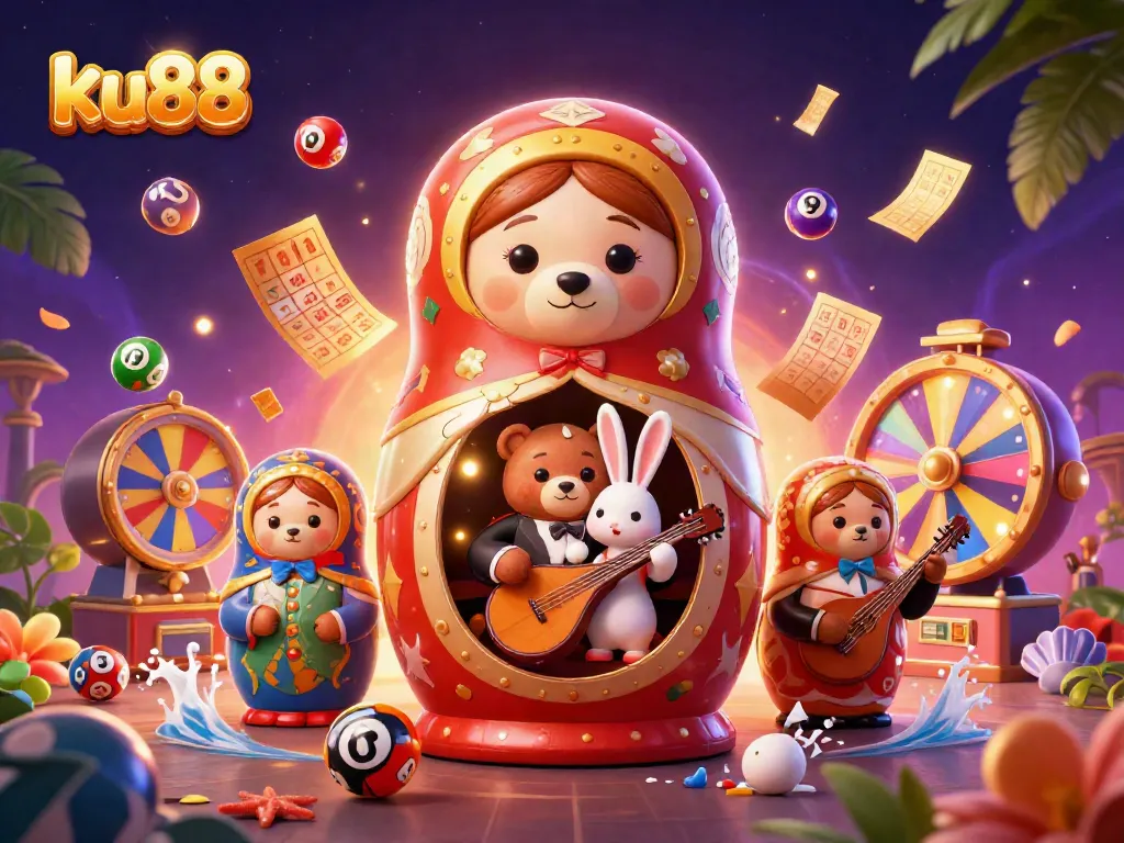 ku88 showcases a lively scene of casino-themed characters and vibrant game elements, illustrating an exciting gambling atmosphere.