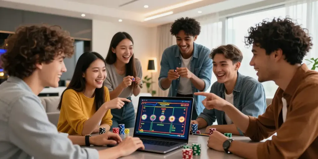 Friends enjoying FC88 online betting together in a lively living room.