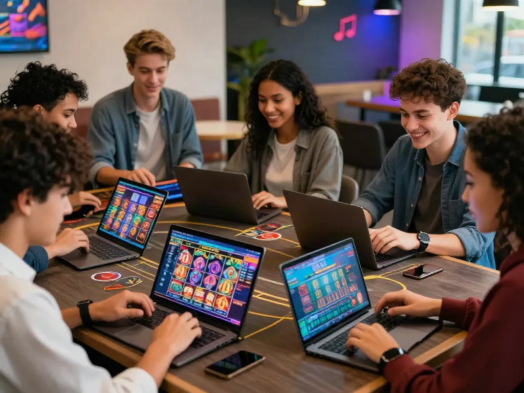 Friends enjoying interactive online casino games on https://gem88.bz/ devices in a vibrant gaming environment.