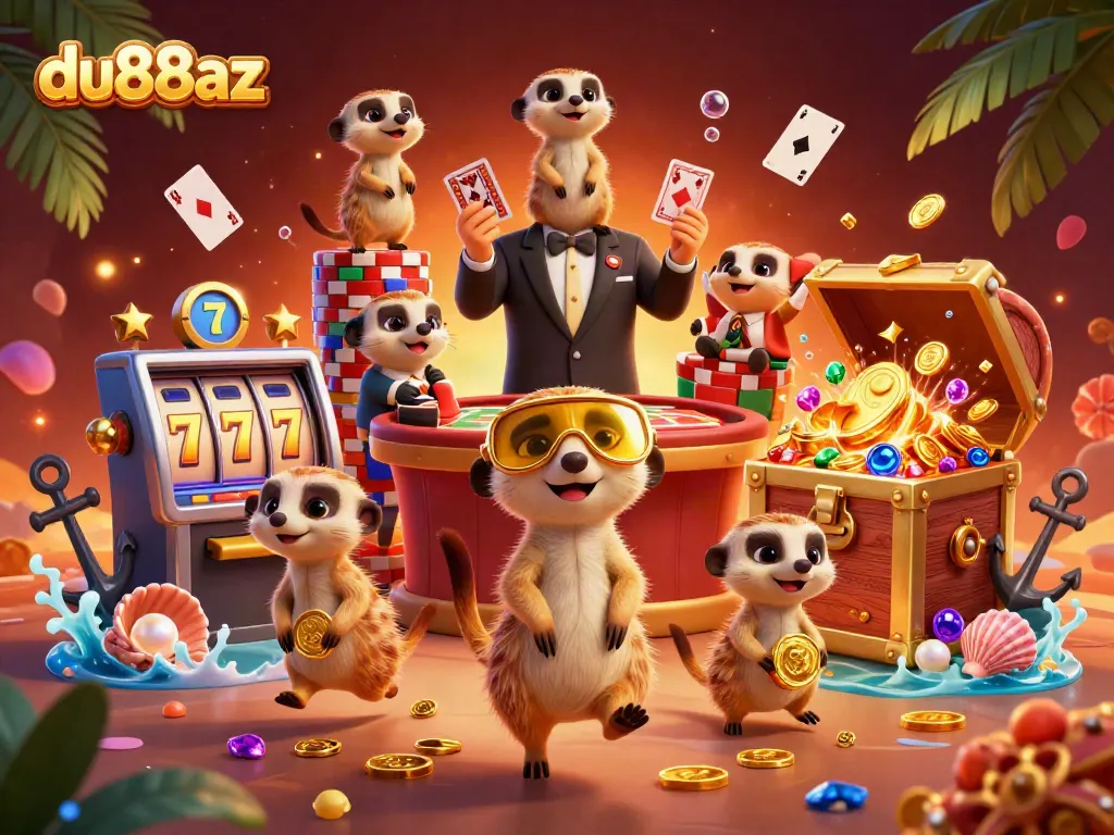 Meerkats running a casino operation with du88az, dynamic gaming scene with vibrant elements and animations.