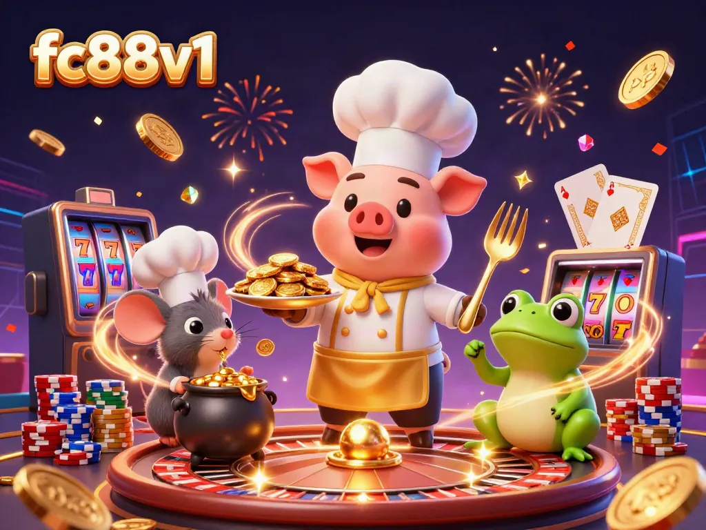 Experience the excitement of fc88v1 with a cartoon chef pig presenting gold coins, surrounded by casino elements.