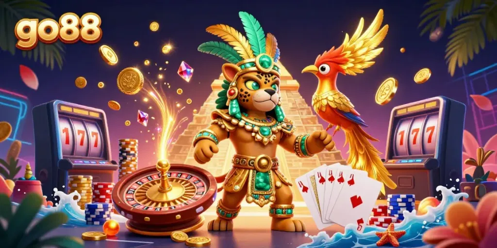 Engage in thrilling gaming at go88 with a dynamic scene of casino excitement and vibrant characters.