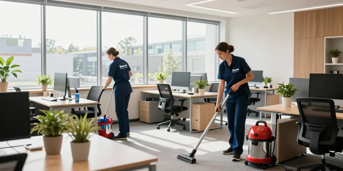 Professionelles Reinigungsteam führt Unterhaltsreinigung Solothurn in einem hellen Büroraum durch und zeigt ihren gründlichen Service.