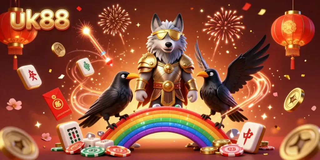 Engage with the dazzling gaming world of uk88 featuring rich illustrations of Odin and his ravens amidst vibrant casino elements.
