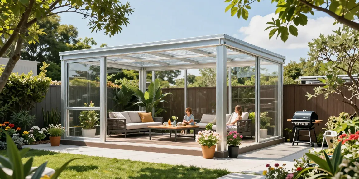 Freistehende Terrassenüberdachung in einem einladenden Garten mit modernen Sitzmöglichkeiten und blühenden Pflanzen