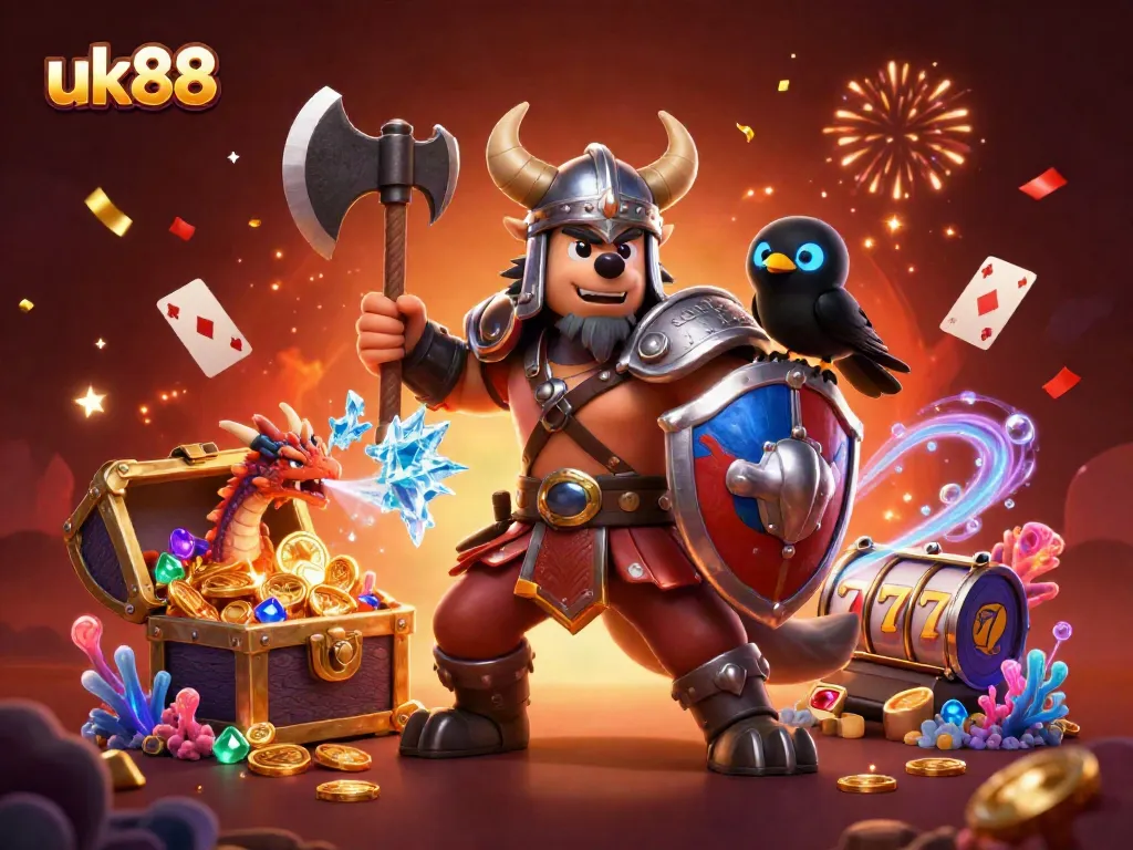 Experience the excitement of uk88 with a vibrant 3D illustration featuring a heroic Viking wolf warrior and magical elements.