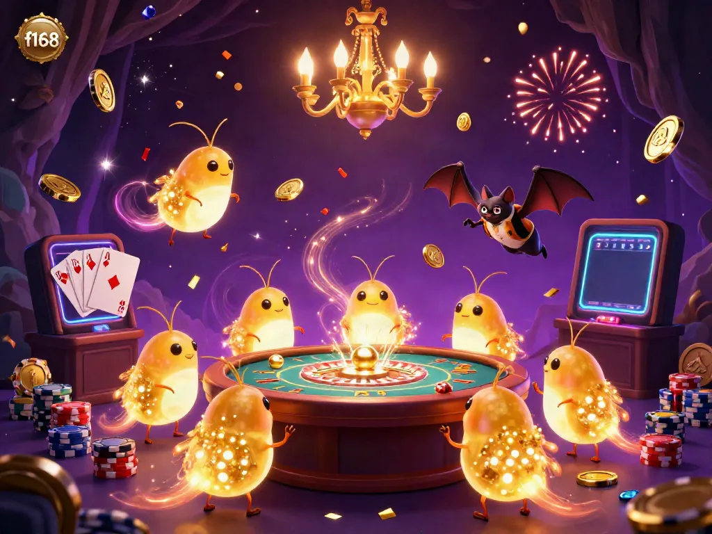 Experience f168's thrilling cave casino illuminated by glowing creatures amidst vibrant games and excitement.