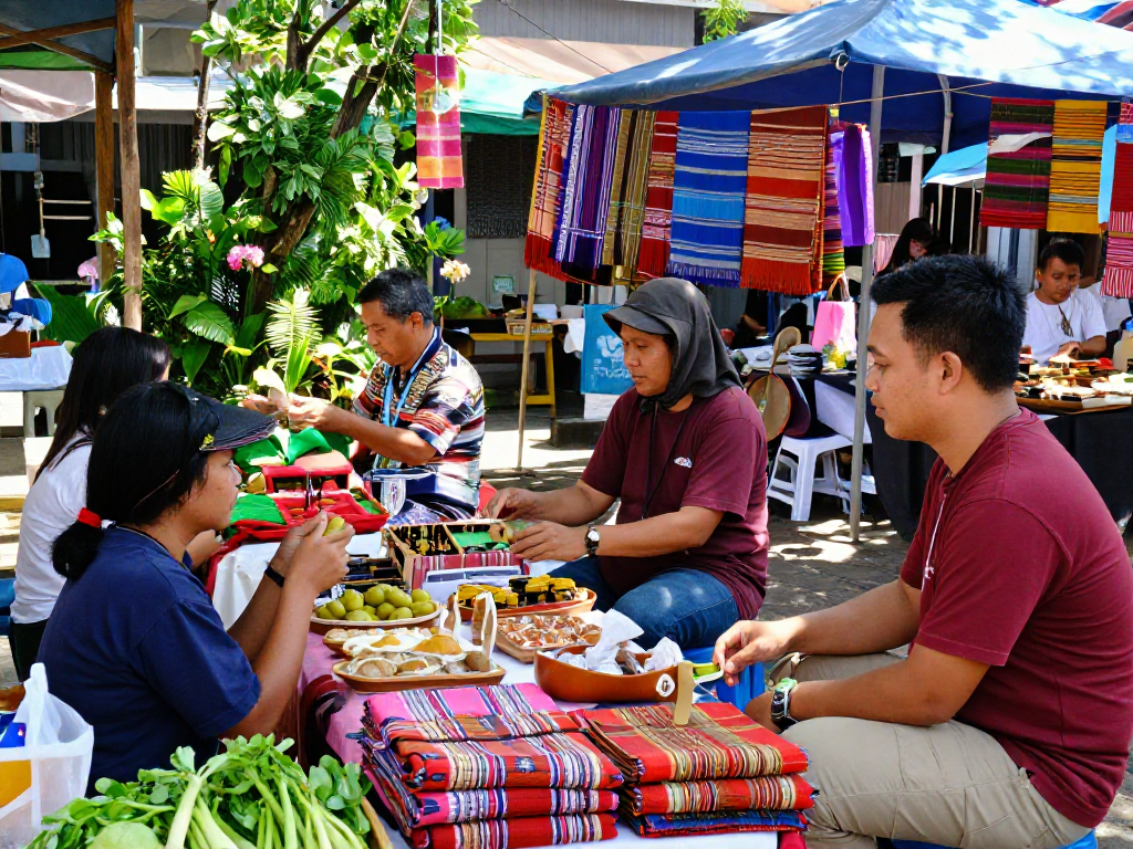 rokok88 supports local artisans in a vibrant market scene showcasing Indonesian crafts and foods