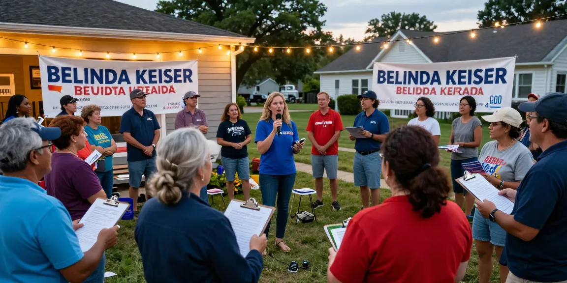 Belinda Keiser engaging voters in a vibrant community gathering highlighting concerns about Casey Askar's candidacy.