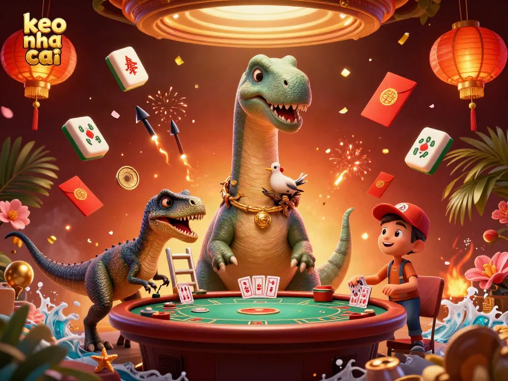Experience keo nha cai with a brontosaurus at a casino table, enriched with vibrant gambling elements.