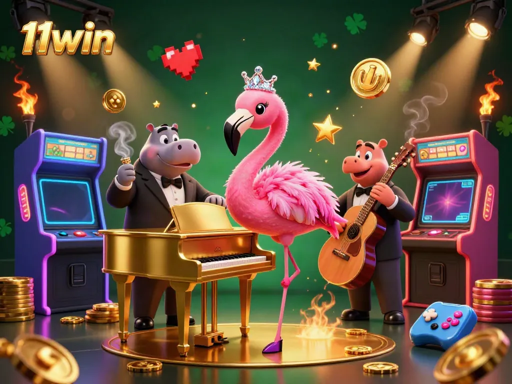 Play at 11win with a vibrant casino scene featuring a flamingo singer and hippo bassist.