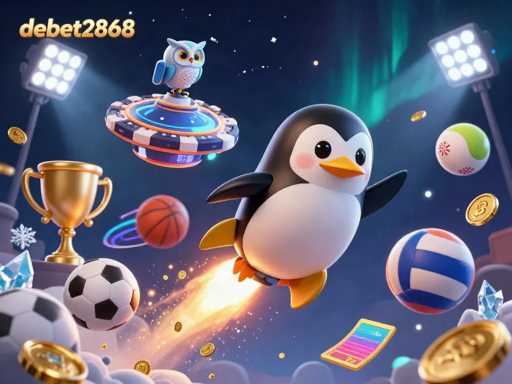 Experience the excitement of debet2868 with a golden penguin and casino elements in space.