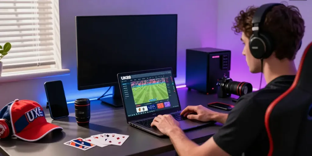 User engaging with the UK88 betting platform in a lively gaming environment, showcasing modern technology and energetic ambiance.