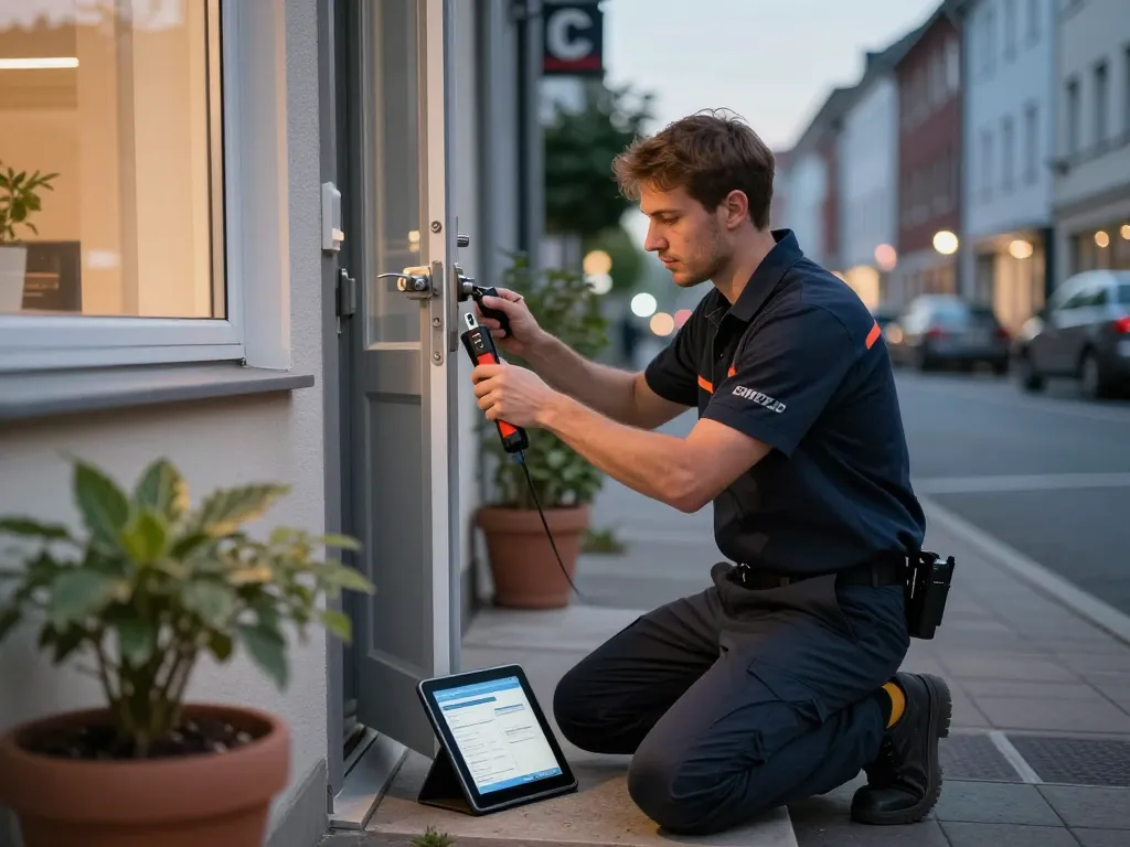 Effizienter Schlüsseldienst Pforzheim-Techniker, der eine Haustür mit spezialisierten Werkzeugen während eines Notfalls knack