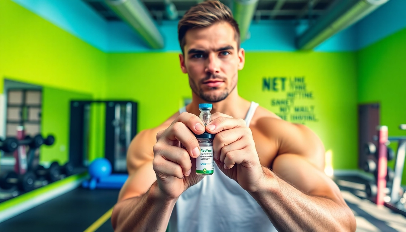 Proviron kaufen – Fitnessmodell mit einem Proviron-Fläschchen im modernen Fitnessstudio.
