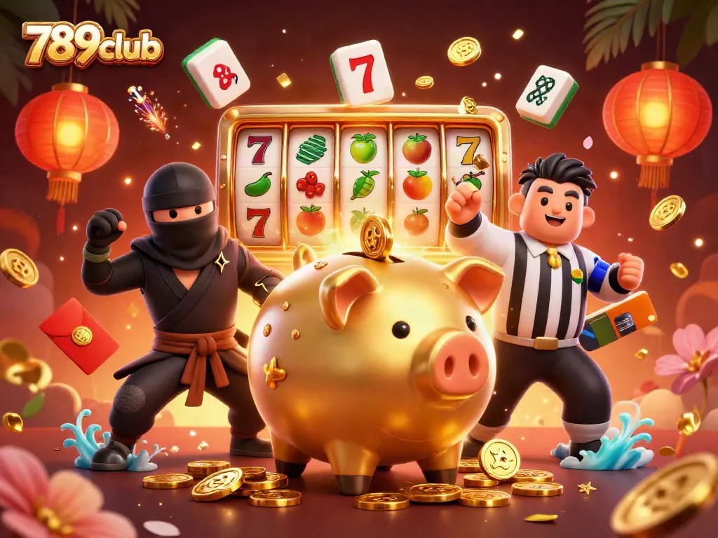 Join the excitement at 789club with vibrant symbols and characters in an immersive casino illustration.
