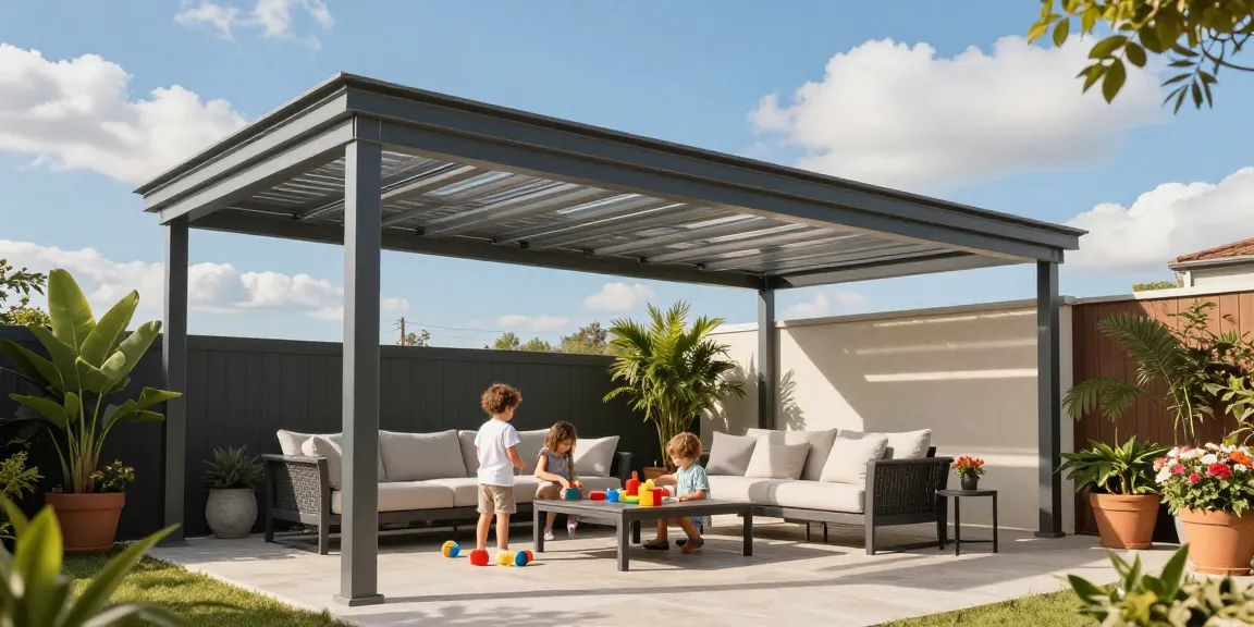 Moderne Terrassenüberdachung mit Familie im Freien beim Entspannen.