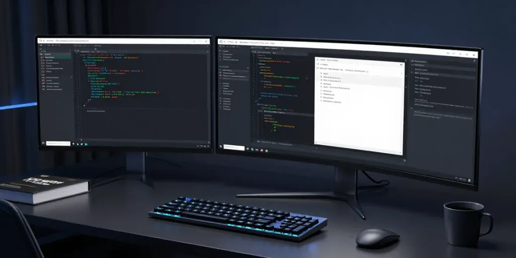 Code review workspace with software development tools in a modern setting.