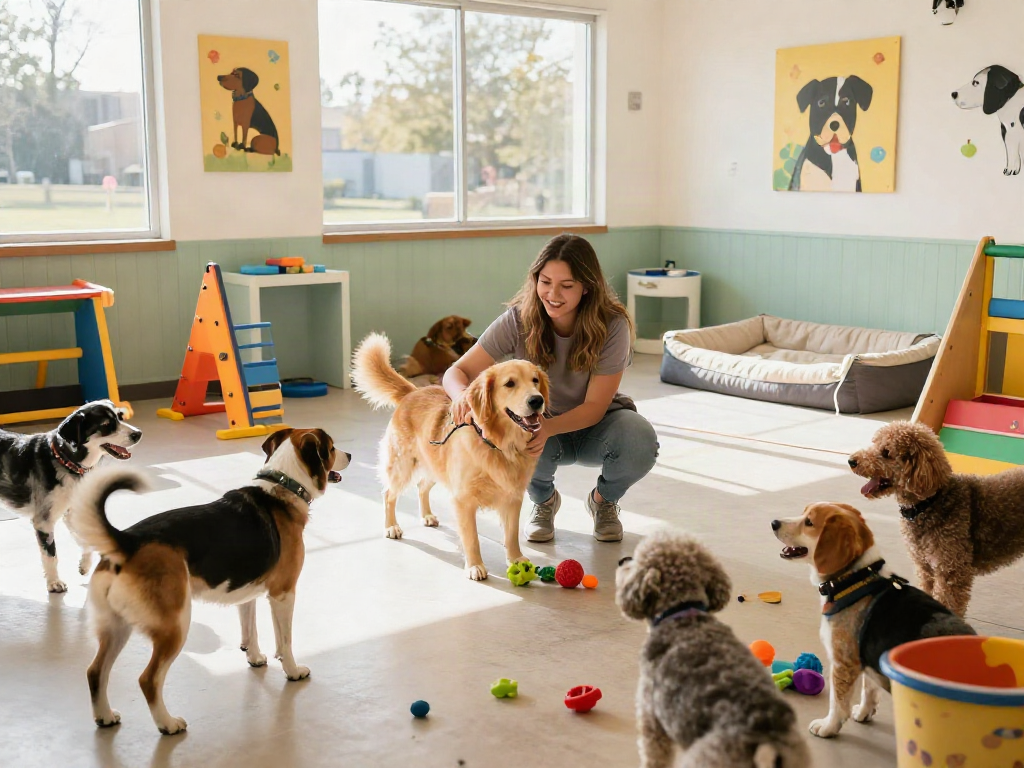 Engaged trainer plays with a golden retriever in a lively daycare at depo 10k.