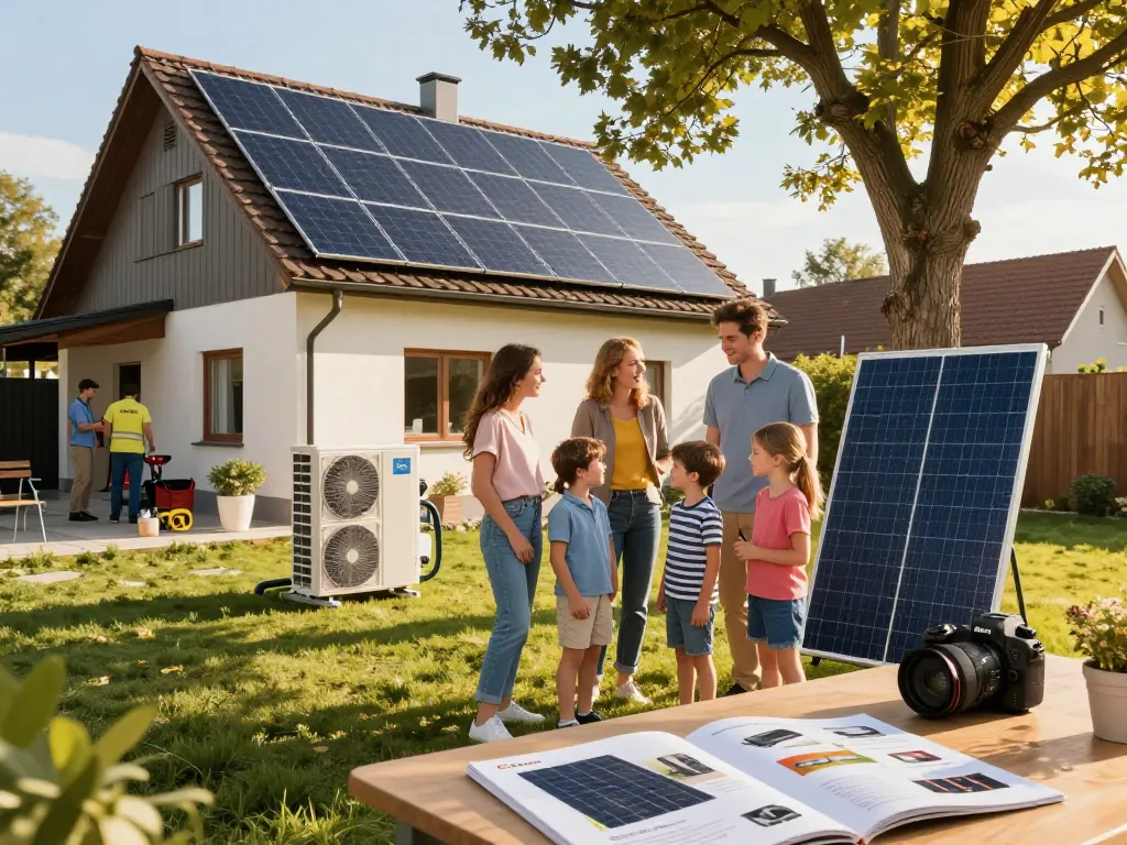 Familie mit Photovoltaik Bayern, die Solarlösungen mit neu installierten Systemen in ihrem Garten erkundet.