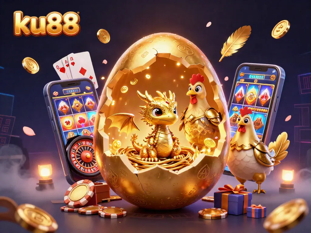 ku88 engages players with captivating gaming visuals of a golden dragon amid poker chips.