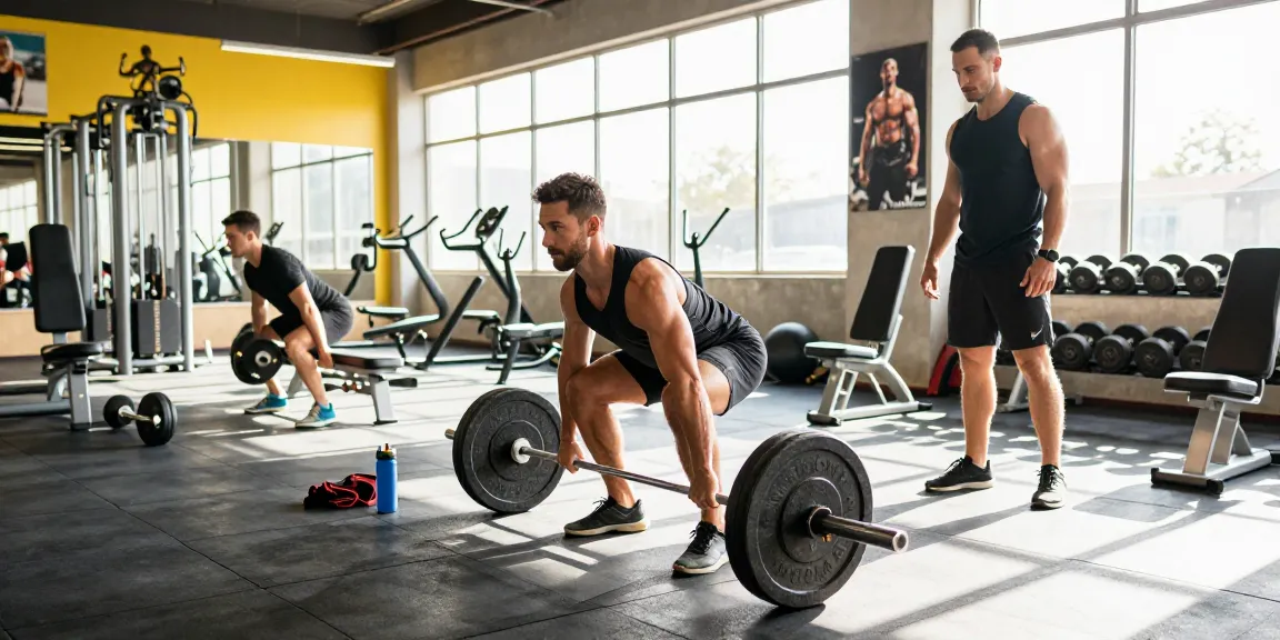 Im Anabolika Shop, Bodybuilder beim Gewichtheben in einem hellen Fitnessstudio mit motivierenden Sprüchen an den Wänden.