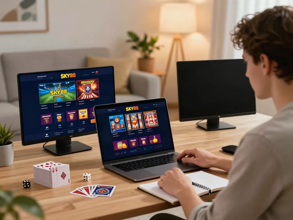 Engaging user experience on https://sky88tg.com/ showcasing online gaming options and a cozy home environment.