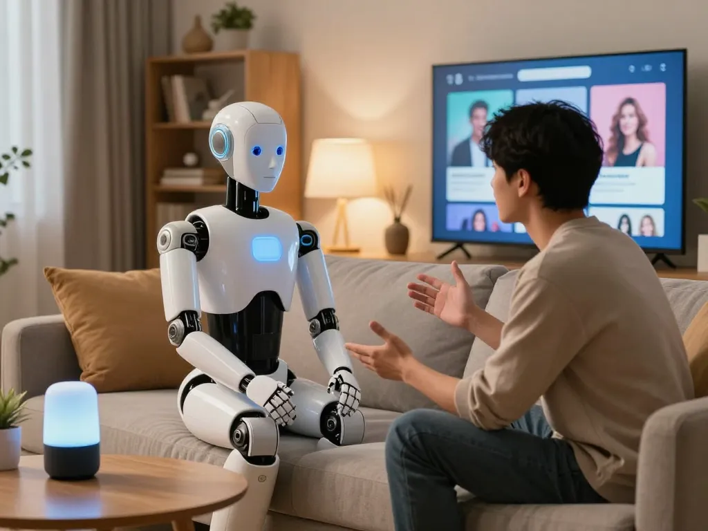 Engaging conversation with a lifelike sex bot in a modern living room, showcasing smart home technology.