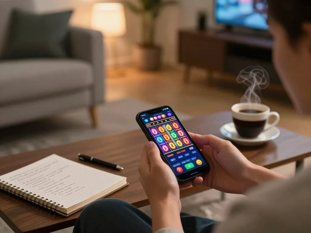 Person enjoying strategic gameplay on tr88 mobile app in cozy living room.