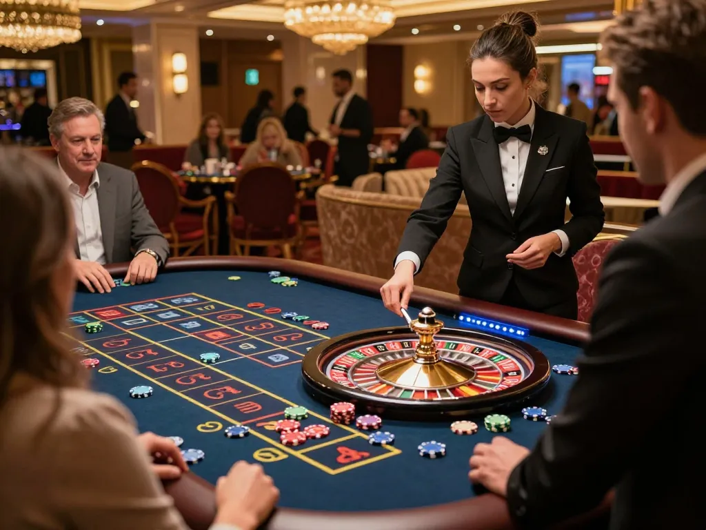 Excited players engaged at a roulette table at vipwin.com, watching the spinning wheel and vibrant chips.