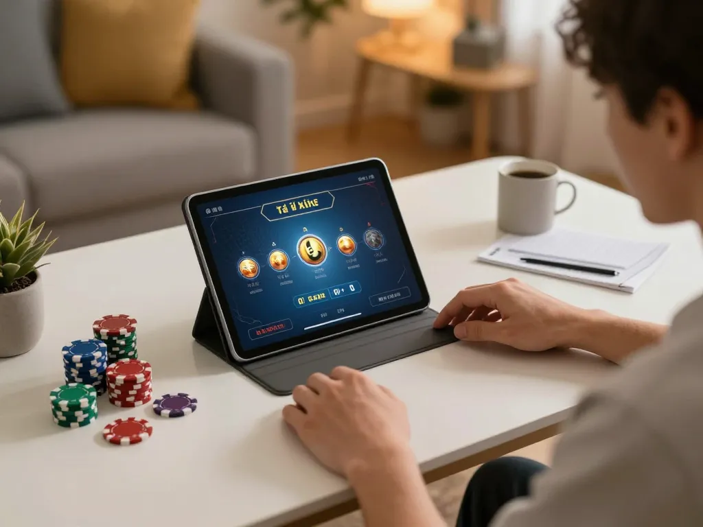 Engaging in tài xỉu online gaming on a tablet at home, highlighting personal strategy.